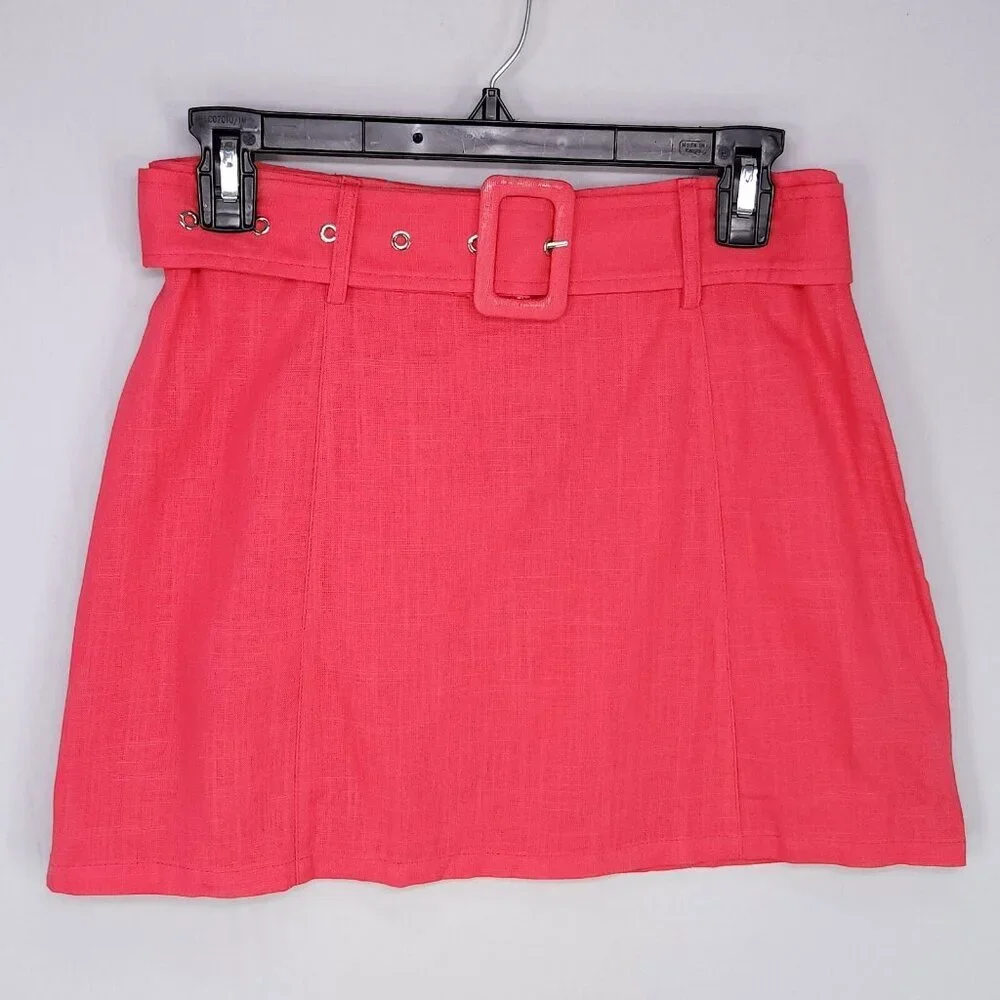 Lulus Mini Skirt Linen Blend Womens Size Medium Belted Coral Orange
